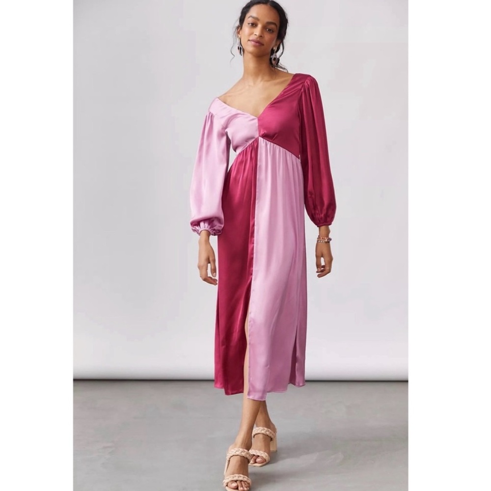 Anthropologie Two-Tone Satin Maxi Dress in Rose and Blush - Picture 1 of 12